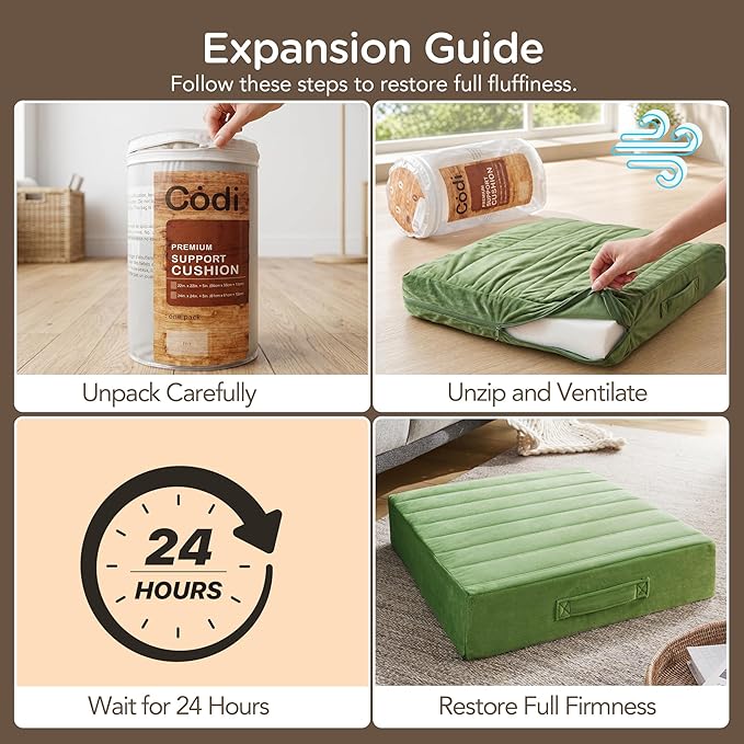 Codi Thick Replacement Couch Cushions, Upholstery Foam with Washable Covers for Sofa Cushion Chair Meditation - 24 × 24 × 5 Inch, High Density Foam, Green