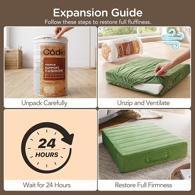 Codi Thick Replacement Couch Cushions 2 Sets, Upholstery Foam with Washable Covers for Sofa Cushion Chair Meditation - 24 × 24 × 5 Inch, High Density Foam, Green