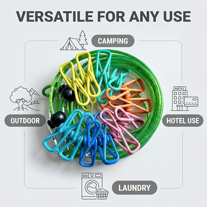 ISQ Steel Core Clothesline with 16 Clothespins 17 Anti-Slip Balls, Heavy Duty Portable for Indoor Outdoor Camping RV Balcony(2 Piece)