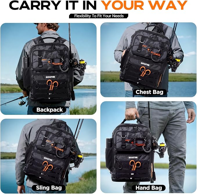 Fishing Backpack with Tackle Boxes and Rod Holders, Fishing Bag with Fishing Lure Kit Water-resistant Sling Tackle Bag Store Gear and Equipment, Bait Gifts for Men Woman Anglers-Black Camo Backpack
