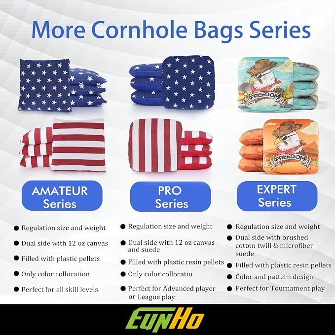 EunHo Regulation Cornhole Bags Set of 8 - Dual Sided Slick and Stick Cornhole Bean Bags for Tossing Game Professional All Weather Pro Corn Hole Bags with Tote Bag