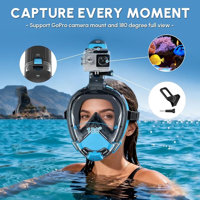 Yosmer Electric Full Face Snorkel Mask for Adults, Fan-Assisted Snorkeling Mask with Dry Top System, 180° Panoramic View, Anti-Fog Design, Foldable Travel Snorkel Gear