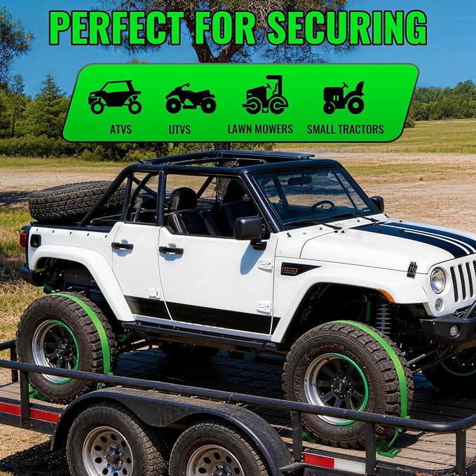 Wheel Chock Tie Down Straps kit for Trailers, E-Track Heavy-Duty Wheel Tie-Down Set for Lawn UTV ATVs, SUV,Mowers and Tractors – 4500 lbs Break Strength, 4-Pack 2in x 8ft,Green