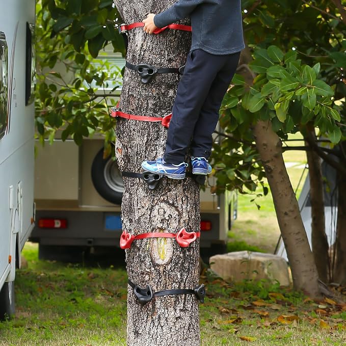 TOPNEW 18 Ninja Tree Climbing Holds for Kids Climber, Red & Black Tree Climbing Kit with 6 Ratchet Straps for Outdoor Ninja Warrior Obstacle Course Training