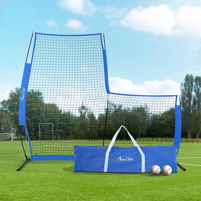 Portable L-Screen Baseball 7x7ft with 2 Baseballs, Rubber Wheels - L Screen Baseball for Batting Cage, Protective Pitching Screen Net Double Layers, Carry Bag Included