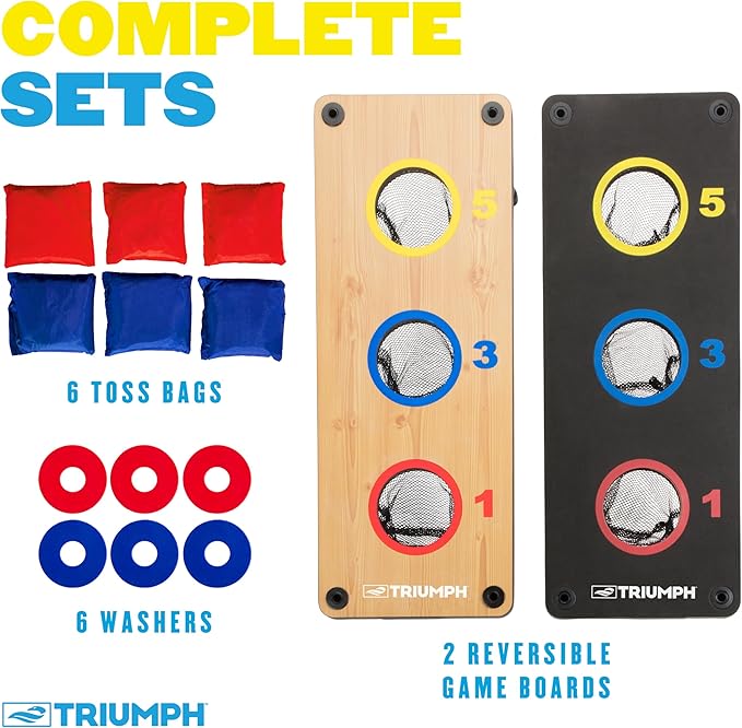 Triumph Sports 2-in-1 Bean Bag Toss Board Set with Washers & Bean Bags for Tossing, Dual-Sided Boards Feature Multi-Colored Targets & On-Board Scoring – Perfect for BBQs, Tailgating & Parties