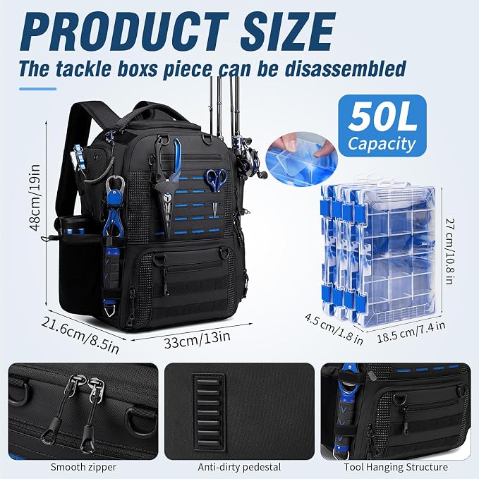 Fishing Tackle Backpack with Tackle Boxes, Two Rod Holders, Bottle Holder, 50L Waterproof Tackle Bag for Fishing Gear, Fish Gifts for Men, Black (4 Tackle Boxes Included