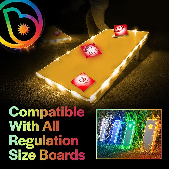 Brightz Cornhole Board Edge Lights with LED Bags - Includes 4-Pack of LED Cornhole Bags + TossBrightz Cornhole Board Edge Lights - The Ultimate Night Time Cornhole Master Set