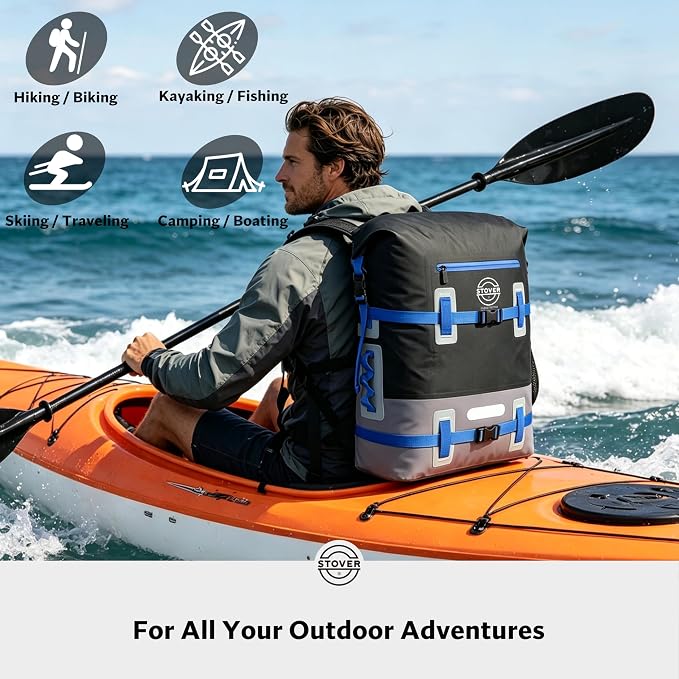 STOVER 55L Waterproof Dry Backpack & Phone Case - 2XL Floating Dry Bag for Kayaking, Travel, Hiking, Fishing, Camping, Motorcycles & Beach, Heavy-Duty Roll Top Men/Women (Black/Grey/Blue)