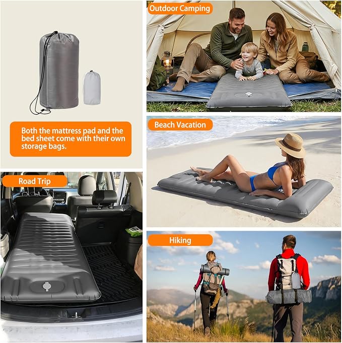 Camping Sleeping Pad, Extra Thick 5 Inch Self Inflating Camping Mat with Ultralight Sleeping Bag Liner Travel Sheet, Camping Pads with Pillow & Foot Pump for Outdoor Hiking, Backpacking, Travel(Grey)