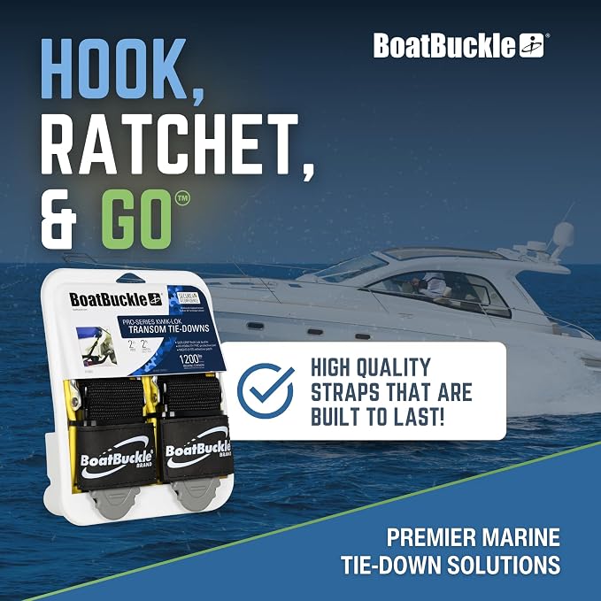 BoatBuckle's Pro Series Kwik-Lok Boat Tie Down Straps to Trailer with Boat Pads, 2-Pack Easy to Use Adjustable Transom Tie Down Straps, 2-Inch x 6-Feet, 1,200 Lbs Break Strength