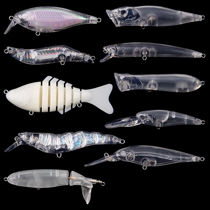 Blank Fishing Lure Kit,Unpainted Popper Plug Lures DIY Crank Bait Set Fishing Pliers Treble Hooks 3D/4D Lure Eyes Bait Sticker Split Rings,Fish Tackle Accessories Kits