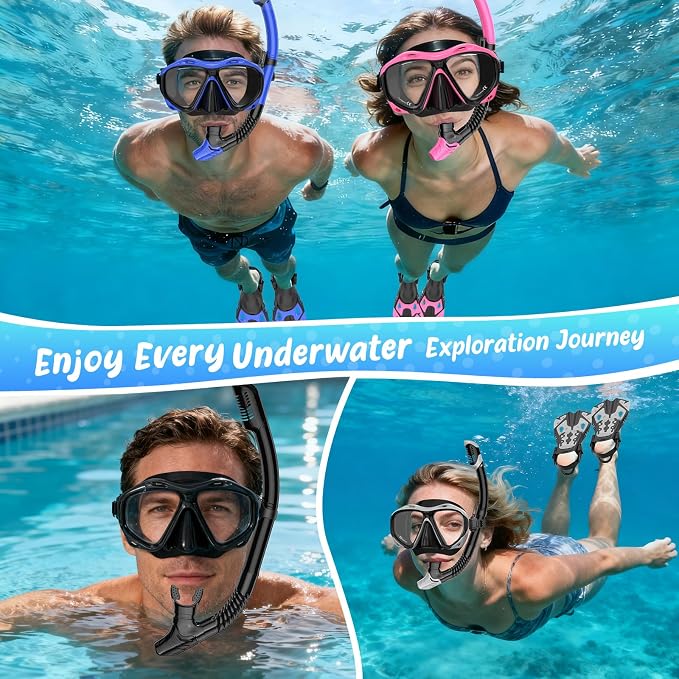 Snorkeling Gear for Adults, Mask Fin Snorkel Set, Dry Top Snorkel Mask, Panoramic View Anti-Leak Anti-Fog 3 in 1 Snorkeling Kit Travel Diving Package with Storage Bag