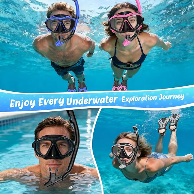 Snorkeling Gear for Adults, Mask Fin Snorkel Set, Dry Top Snorkel Mask, Panoramic View Anti-Leak Anti-Fog 3 in 1 Snorkeling Kit Travel Diving Package with Storage Bag