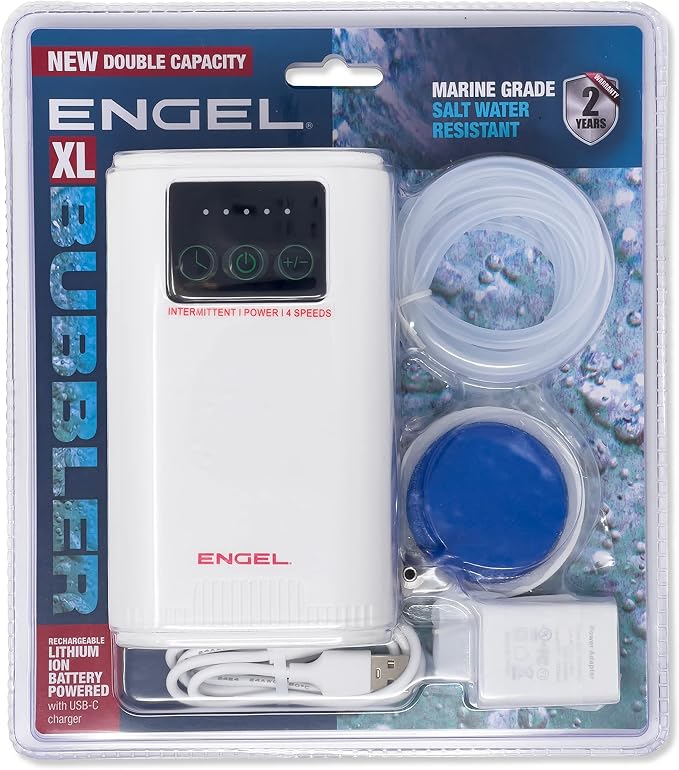 ENGEL Ultra Quiet Lithium-Ion USB Rechargeable Live Bait Aerator Pump & Bubbler with Universal Clip fits Most Bait Buckets