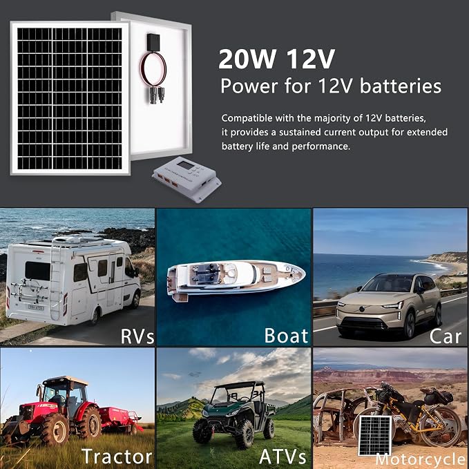 Solar Panel Kit 20W 12Volt Solar Battery Charger with 10A Charge Controller for Off Grid RV Boat Car Trailer Automotive Truck Motorcycle Camper (20w Solar kit)