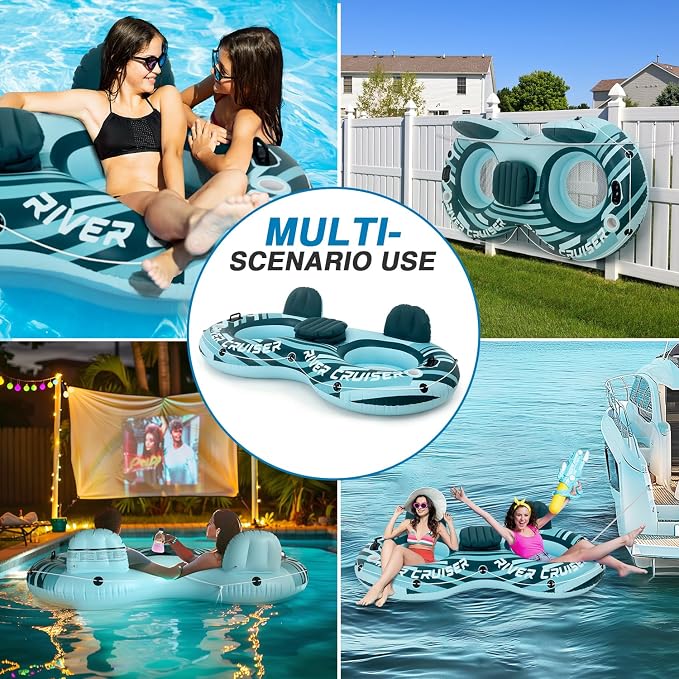 Heavy Duty 2 Person River Tubes for Floating with Cooler Inflatable Floating Lounger Premium Water Rafts Pool Float Above Lake and River for Adults Double Green