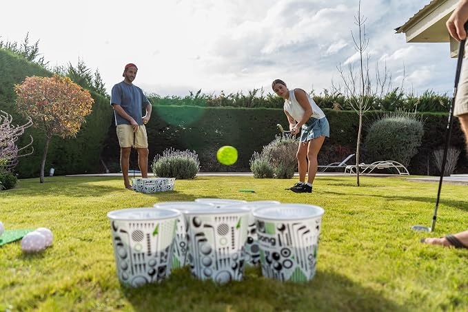 VULCANO SPORTS Par Pong Backyard Golf Chipping Game – Outdoor Golf Game with 12 Buckets, 2 Hitting Mats & Golf Balls – for Adults, Tailgating, BBQ, Parties & Gifts for Golfers.