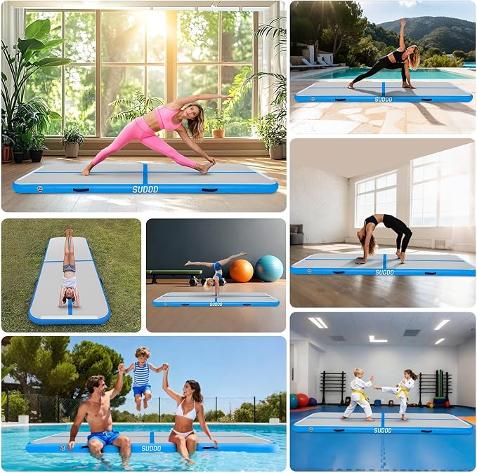 SUDOO Gymnastics Air Mat 10ft/13ft/16ft Inflatable Air Tumble Track Mat 4" Thick Tumbling Mat With Pump or No Pump for Training Tumble Yoga Cheerleading Parkour Beach Water Activities Home Use
