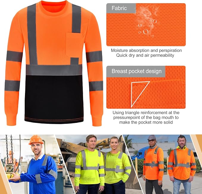 A-SAFETY Safety Shirt,High Visibility Work T Shirt Long Short Sleeve Class 3 (XS-6XL)