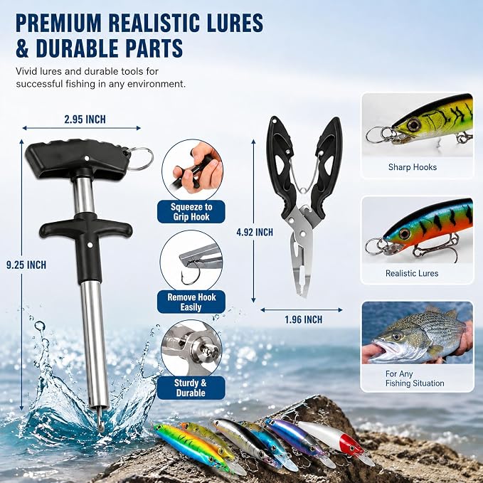 4 Layers Fishing Tackle Box with 547Pcs Fishing Lures Kit | Small Tool Set Included, Gripper, Hook Remover, Accessories, Perfect for Beginners