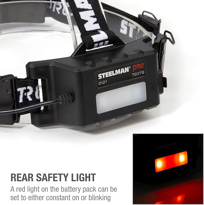 Steelman Pro Rechargeable Focusing Spotlight Headlamp, Motion-Sensing, Rear Safety Light, Pivoting Head, Up to 260 Lumens of Brightness