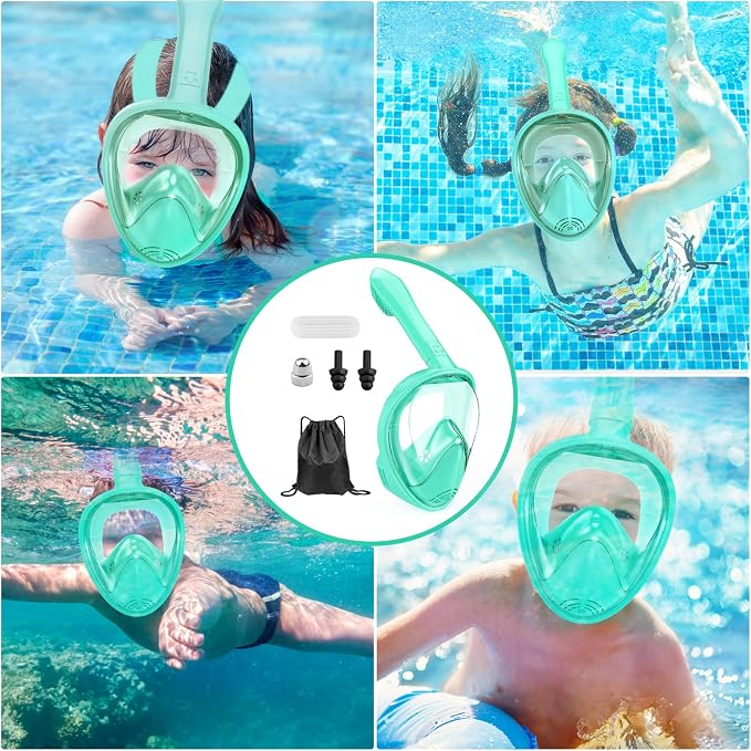 Kids Snorkel Mask Full Face, Snorkeling Gear for Kids with Camera Mount, 180 Degree Panoramic View Snorkeling Set Anti-Fog Anti-Leak