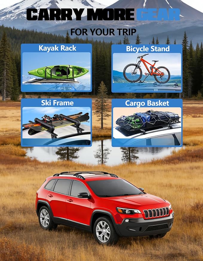 FengYu Roof Rack Cross Bars Compatible with Jeep Cherokee 2014-2023, Aluminum Crossbars Rails Cargo Rooftop Ski Basket Luggage Rack Carrier