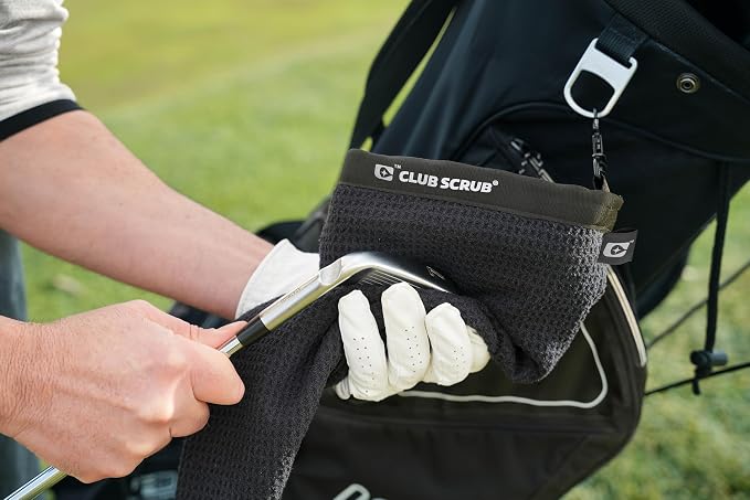 Club Scrub Towel Pro, Golf Club and Ball Cleaning Pouch with Attached Towel, Waterproof Exterior, Waffle-Weave Microfiber (Black)