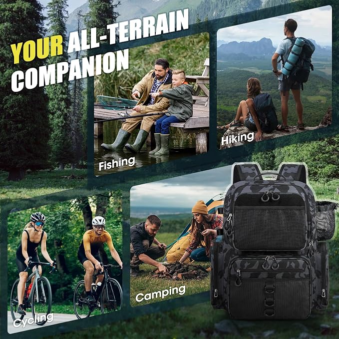 RAINSMORE 45L Fishing Backpack with Rod Holders & Rain Cover Large 900D Water-resistant Fishing Tackle Bag Store Fishing Gear