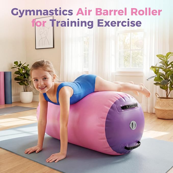20in x 20in x 31in Inflatable Gymnastics Air Roller Barrel, Pink Air Roller Gymnastics Barrel for Yoga Training Cheerleading Home Use, Gymnastics Air Roller Air Barrel Inflatable Tumbling Mat