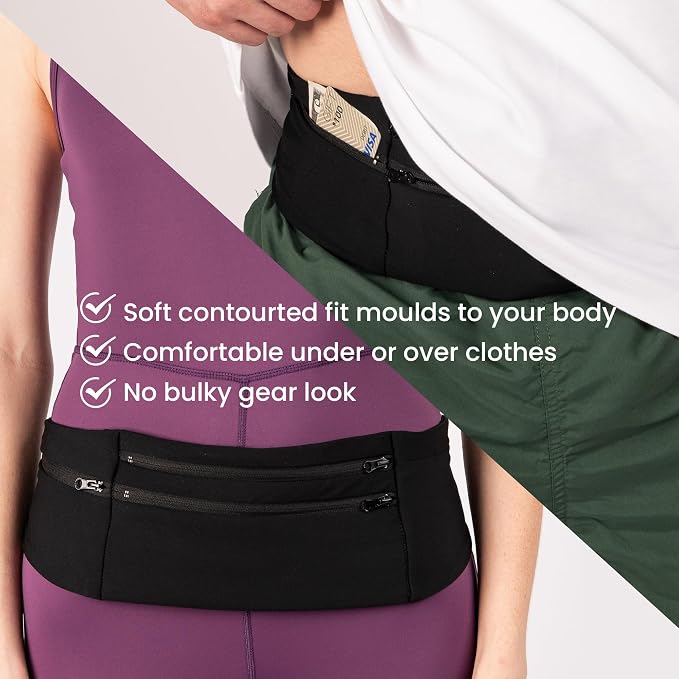 StashBandz Adjustable Running Belt and Travel Money Belt - 3 Large Zippered Pockets + Water Bottle Holder, No-Bounce Fanny Pack with Key Clip, Fits Any Size Phone, Passport & More, Black, X-large