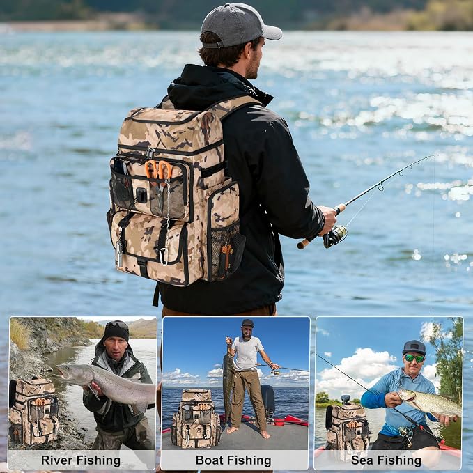 VJI Fishing Tackle Backpack with Rod Holder, Large Tactical Backpack, Fishing Gear Tackle Box Tactical Backpack, Water Resistant Sport Bag and Equipment