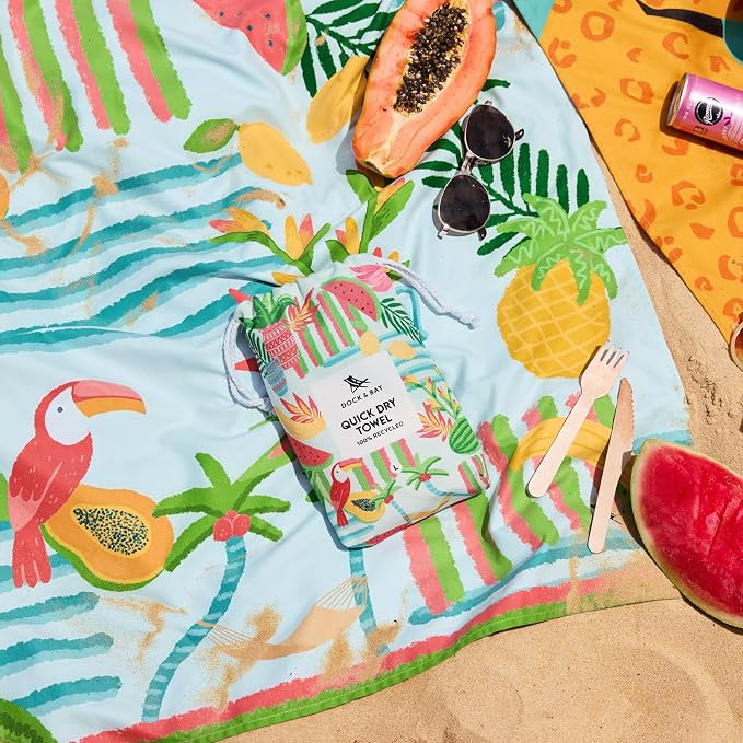 Dock & Bay Beach Towel - Quick Dry, Sand Free - Compact, Lightweight - 100% Recycled - Includes Bag - Tropicana Treat - Extra Large (200x90cm, 78x35)