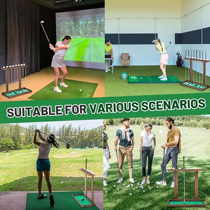 Blosssound Golf Putter Stand for 8 Clubs & 12 Balls Wooden Golf Club Holder Golfs Rack Display Organizer Storage with Artificial Grass Mat for Sports Indoor Home Garage Accessories