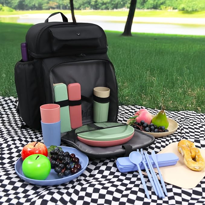 J World Picnic Backpack Cooler for 4. Insulated Picnic Basket Set with Folding Waterproof Blanket. Beach Camping Wedding Engagement Gift for Couples, Green