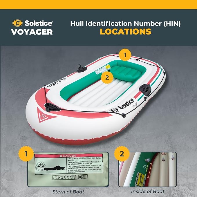 SOLSTICE Inflatable Boat for Lakes, Rivers & Beaches – Heavy-Duty Raft with Swivel Oar Locks, Grab Line & Inflatable Seat – Voyager, 3-Person, White, 7'