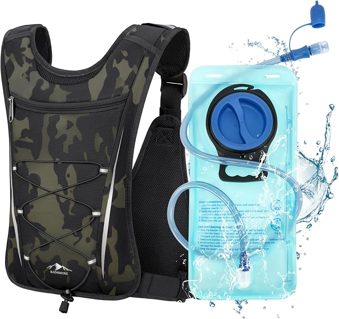 RAINSMORE Hydration Backpack with 2L Water Bladder, Lightweight Running Vest for Men Women, Adjustable Water Chest Pack for Hiking, Cycling, Marathon