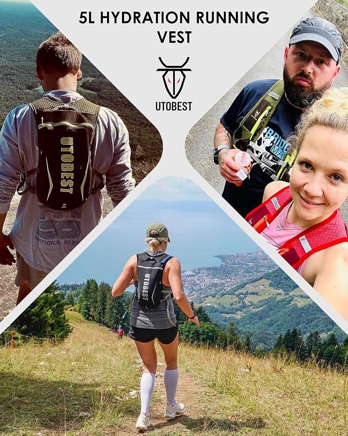UTOBEST Running Vest, 5L Hydration Vest Lightweight, Breathable and Sweatproof Running Backpack, Adjustable Running Hydration Vest for Trail Running Marathon Race Jogging Cycling