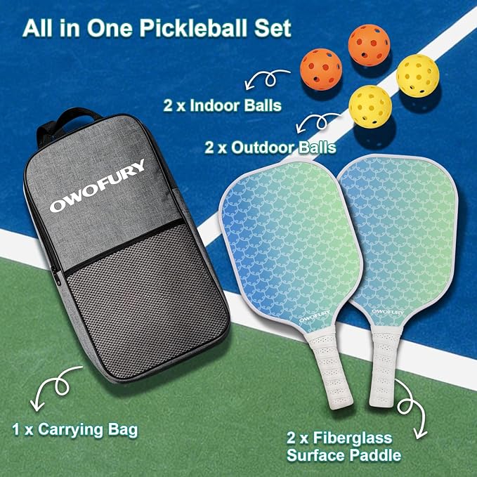 Fiberglass Pickleball Paddles Set of 2, Pickle Ball Racket Lightweight Honeycomb Core Control Paddle, with 4 Indoor Outdoor Balls and Bag for Men Women