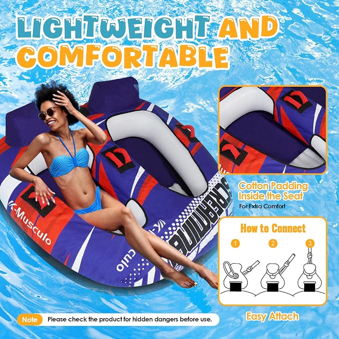 K-Musculo Towable Tubes for Boating - 2-3 Person Boat Tubes & Towables, EVA Foam Pads, Drainage, Super Safe Handle, Quick Connector