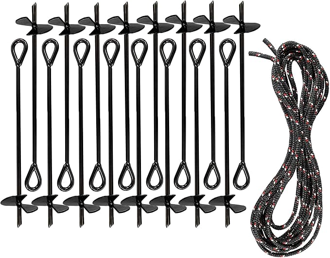 Ashman Black Ground Anchor (16 Pack) 15 Inches in Length and 10MM Thick in Diameter with 65 Feet of Rope.