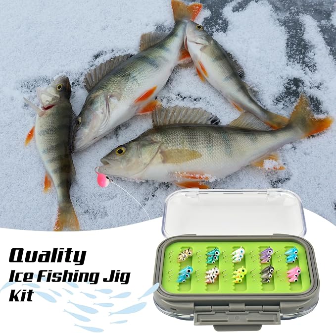 Tungsten Ice Fishing Jigs Kit, 3.2/4/5mm Glow in Dark Tear Drop Ice Fishing Lure Jigs with Waterproof Two-Sided Jig Box Assortment 20/24/30
