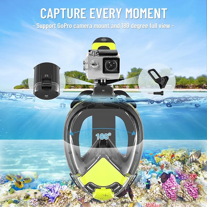 Electric Full Face Snorkel Mask for Adults, Fan-Assisted Airflow Snorkeling Gear, 180° Panoramic Anti-Fog View, Dry Top Leak-Resistant Design with Camera Mount for Beach Vacation