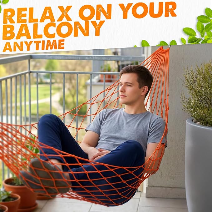 Mesh Hammock - Loop & Lounge Between Two Trees, Rope Hammocks for Outside Camping - No Stand Needed, 220 lb Capacity, Lightweight 13 oz Nylon Net Bed for Backyard Garden Patio Beach Travel, Orange