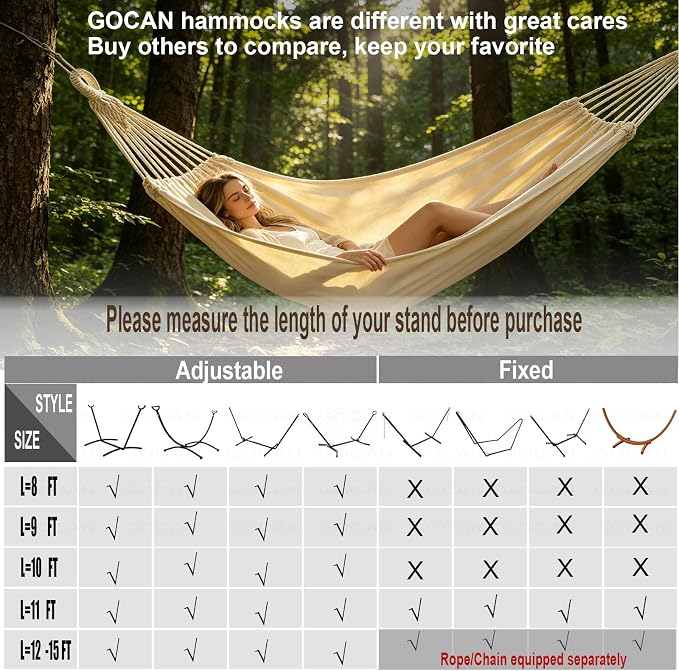 GOCAN Brazilian Double Hammock 2 Person 330X150cm Load 500Pound Cotton Hammock for Patio Porch Garden Backyard Lounging Outdoor and Indoor (Beige)