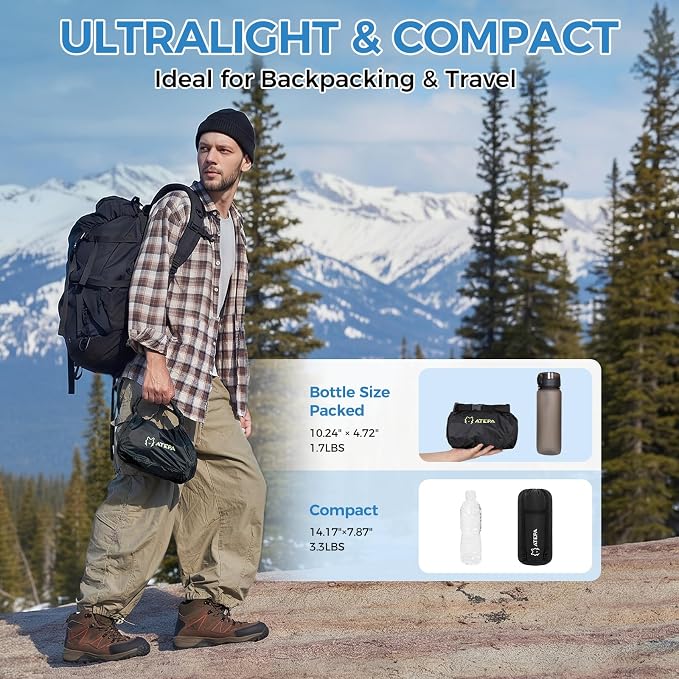 ATEPA Ultralight Backpacking Sleep System, 3 Season Camping Gear Set, Down Sleeping Bag & 6.6 R-Value Insulated Inflatable Sleeping Pad, Lightweight Packable