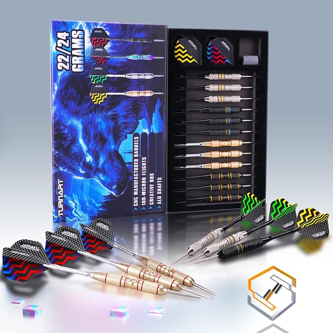 Turnart Darts Metal Tip Set - Steel Tip Darts Darts Set Professional Metal Darts 12 pcs 22/24 Grams Pro Dart Set with Stylish Case Aluminum Shafts Extra 9 Flights
