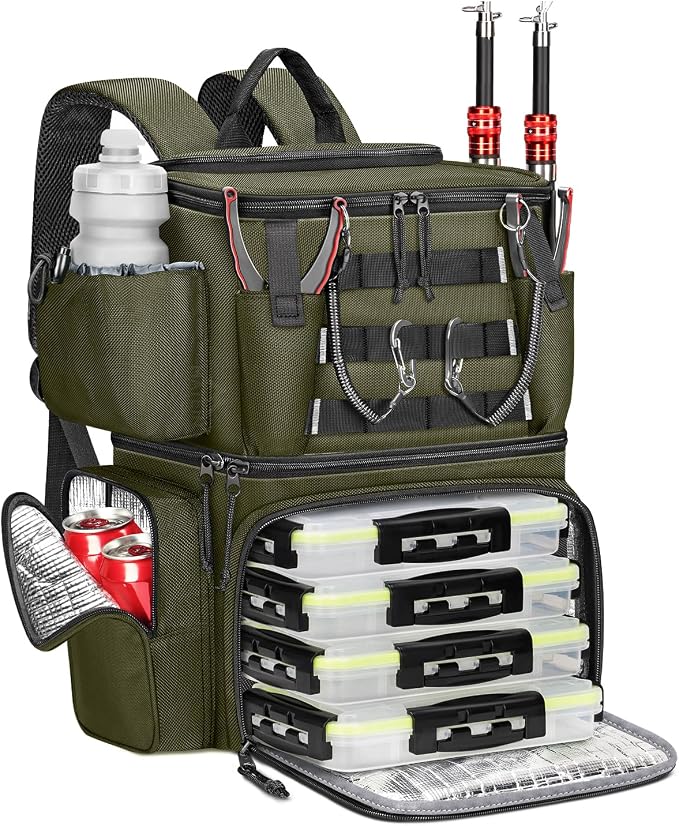 MATEIN Fishing Backpack with 4 Tackle Boxes, Fishing Bag with Rod Holder | 3600 Tackle Box 4 Pack, Water Resistant Tackle Backpack with Cooler Compartment, Safety Compass, Gifts for Fishermen
