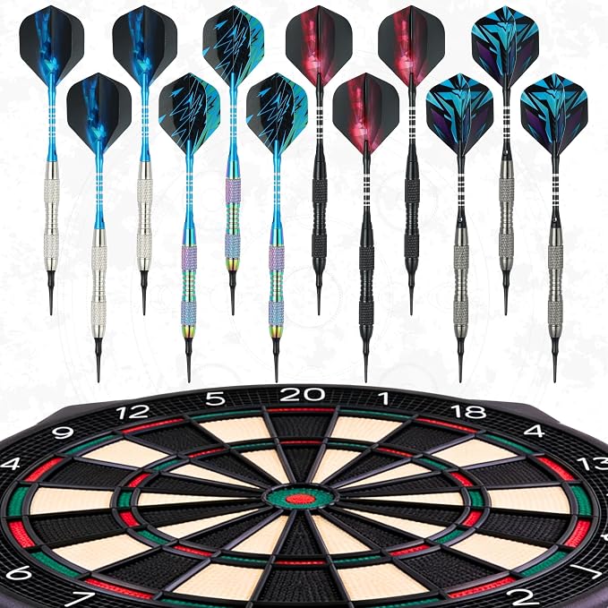 Soft Tip Darts Set with Gift Box Dart Case Professional Darts Plastic Tip with 100 Dart Tips 12 Shafts 24 Flights Tool Kit Flight Protectors for Electronic Dart Board